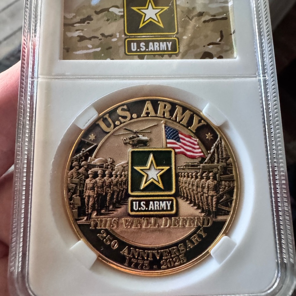 U.S. Army Gold and Green Commemorative Coin in Display Case